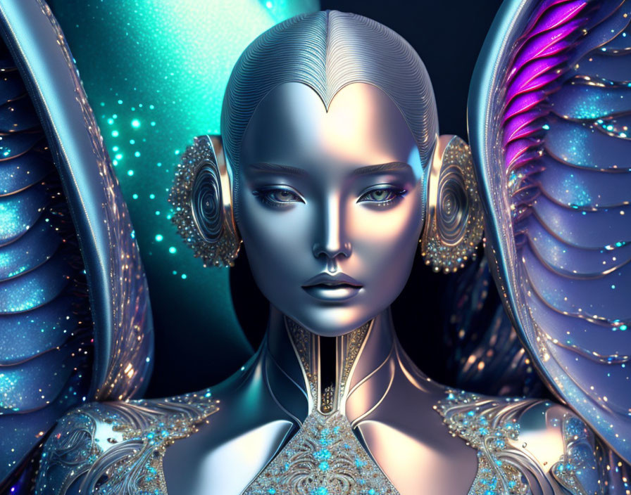 Metallic-skinned female android with intricate headdress and glowing wings on dark backdrop