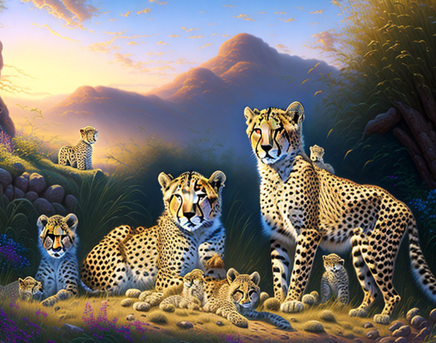 Cheetah family with cubs in savannah sunset scene