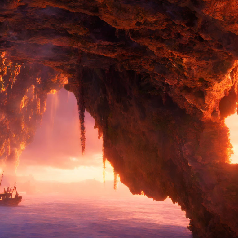 Mystical cave with stalactites by serene sea at sunset