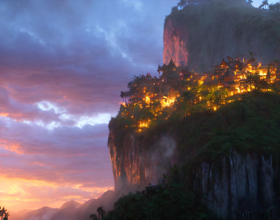 Scenic cliff-top village at dusk with illuminated buildings and dramatic sky