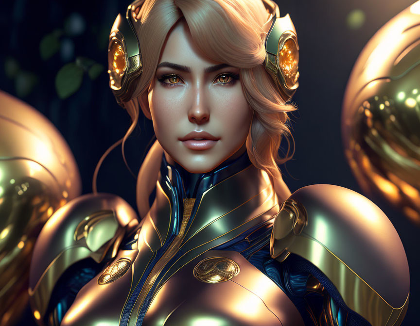 Blonde woman in futuristic armor surrounded by golden orbs