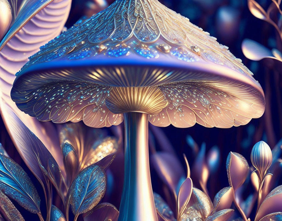 Surreal metallic mushroom with intricate patterns in fantastical art