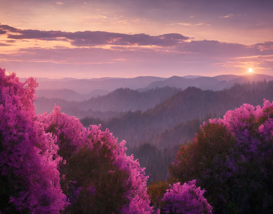 Tranquil sunset landscape with pink blooming trees and layered hills