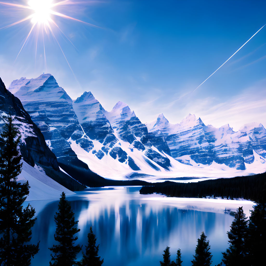 Tranquil mountain landscape with sunburst, turquoise lake, snowy peaks