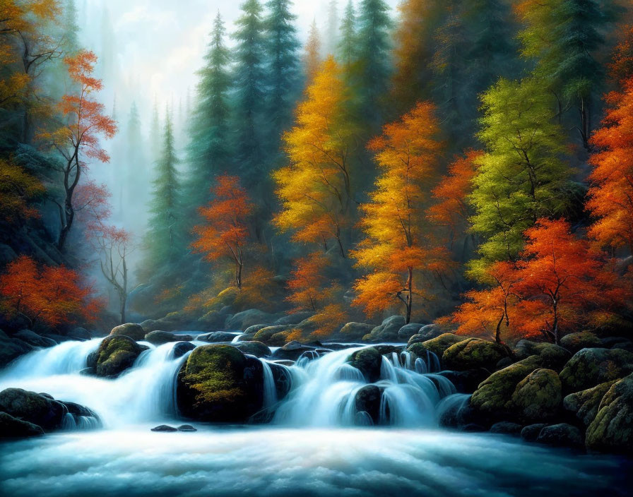 Autumn forest waterfall scene with mist and sunlight.