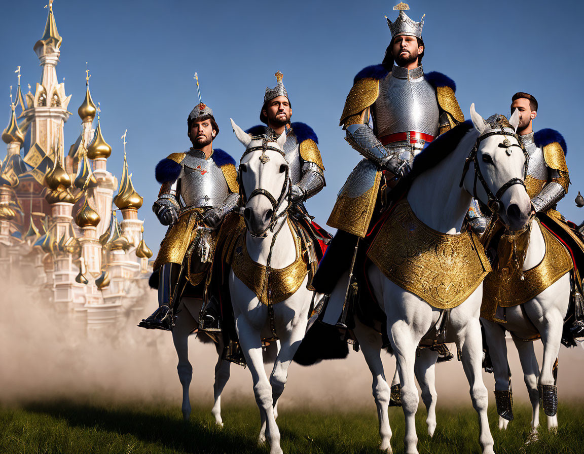 Four Armored Knights on Horseback Riding Toward Fairy-Tale Castle