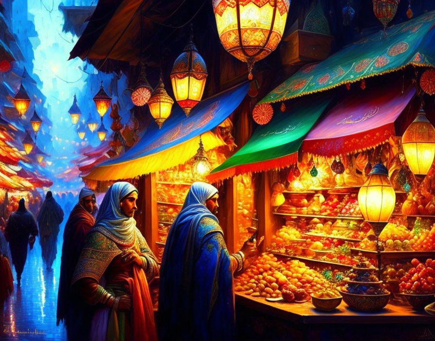 Vibrant traditional market scene with colorful attire and hanging lanterns