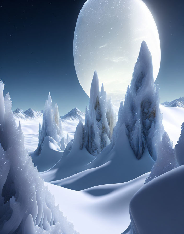 Snowy Night Landscape: Full Moon Over Mountain Peaks