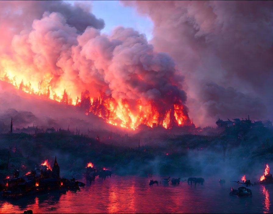 Intense twilight wildfire near water with orange flames and billowing smoke