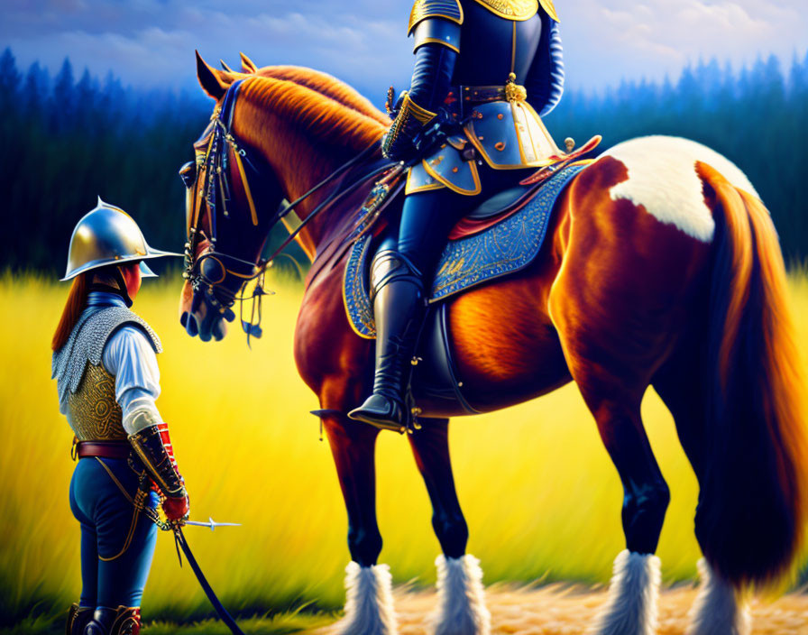 Knight in ornate armor with horse in nature scene