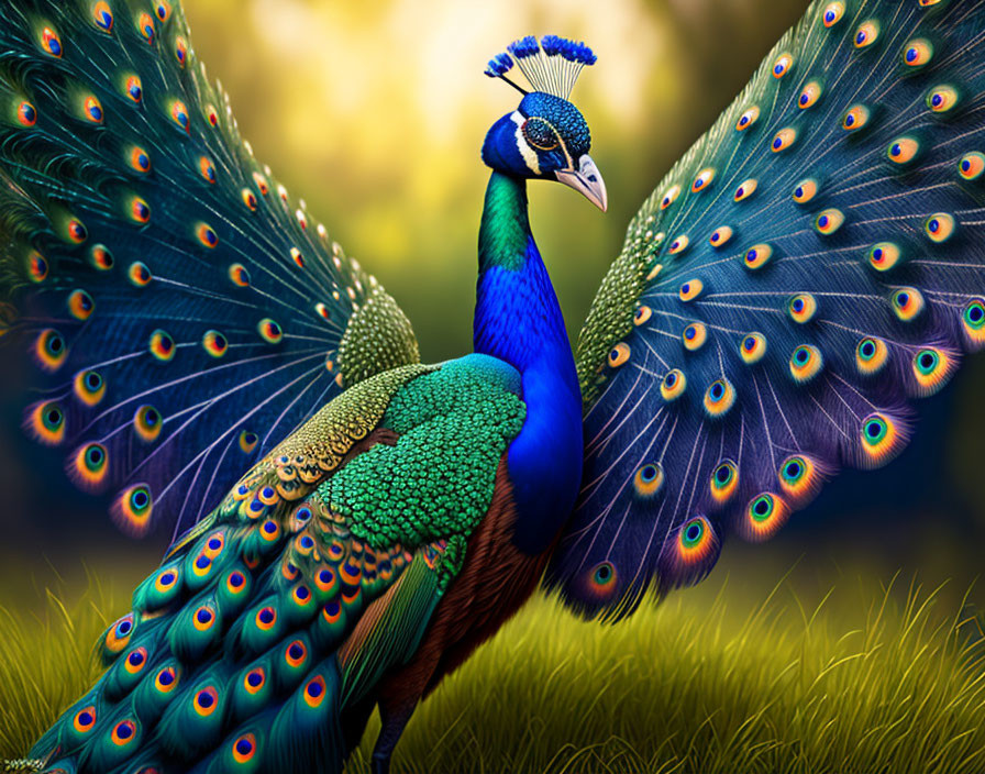 Colorful peacock with iridescent feathers and eye-like patterns in lush setting