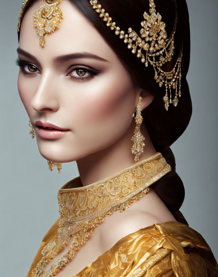 Woman in Golden Outfit with Elegant Jewelry