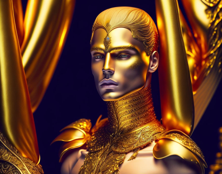 Golden humanoid figure with intricate patterns on dark background