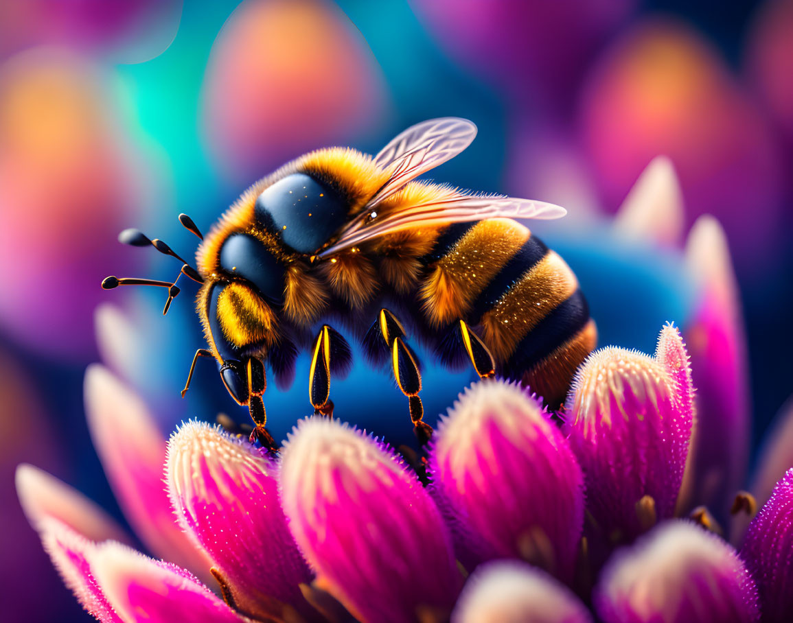 Close-Up Bee on Purple and Pink Flowers with Colorful Bokeh Background