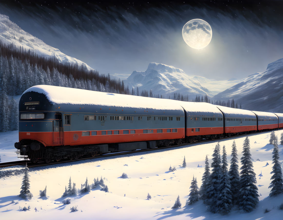 Vintage Passenger Train in Snowy Night Landscape