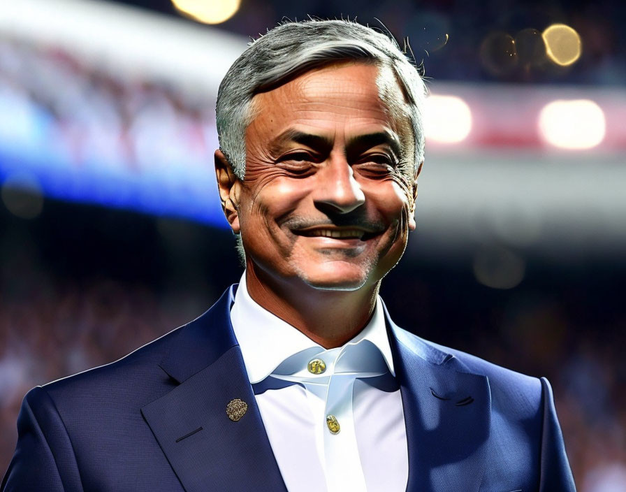 Grey-Haired Man Smiling in Dark Suit with Stadium Background