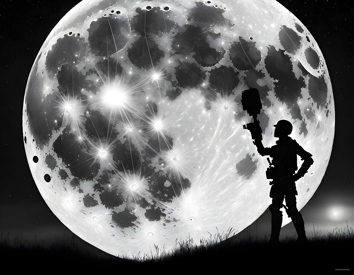 Person with Backpack Silhouetted Against Enormous Moon