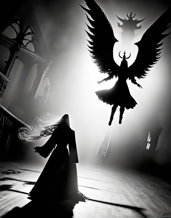 Silhouetted figure in gothic room gazes at mystical bird-like creature