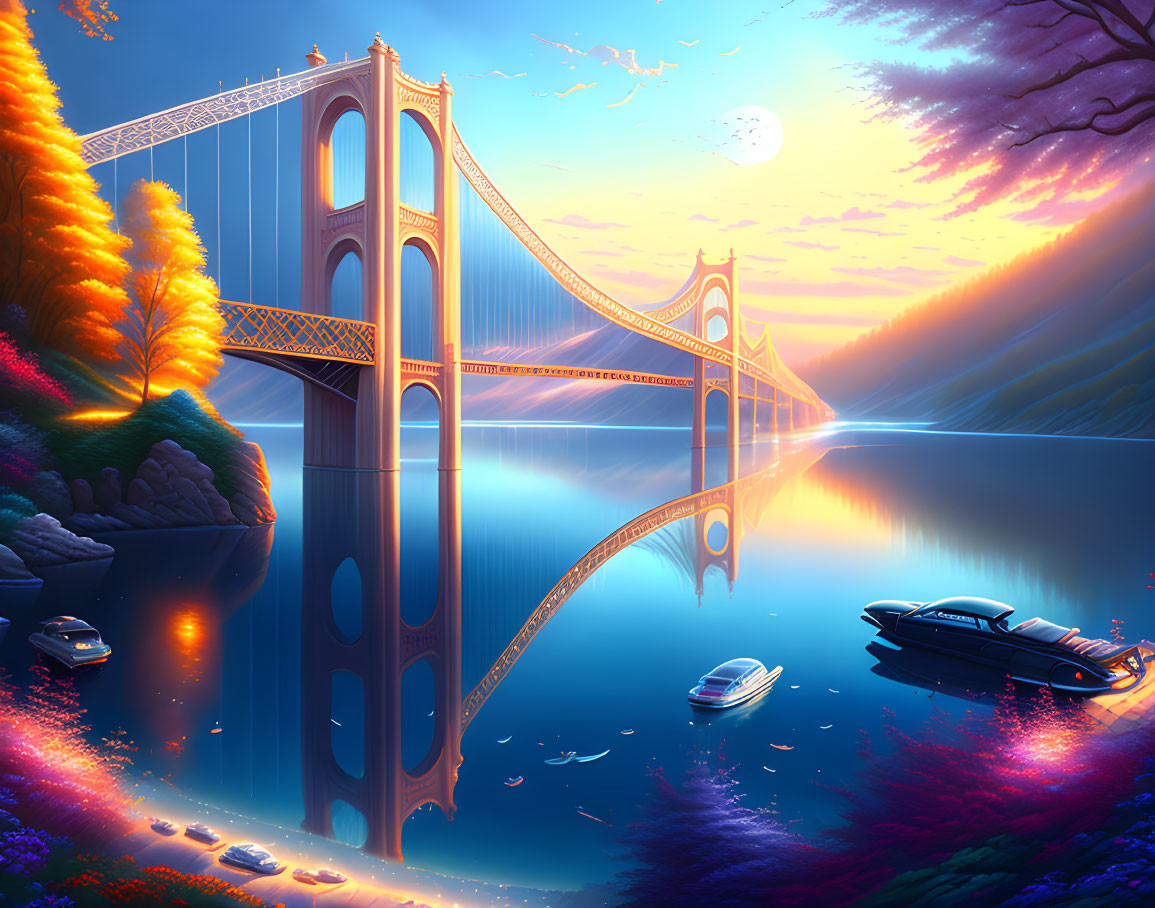 Surreal Golden Gate Bridge scene with glowing trees and colorful skies