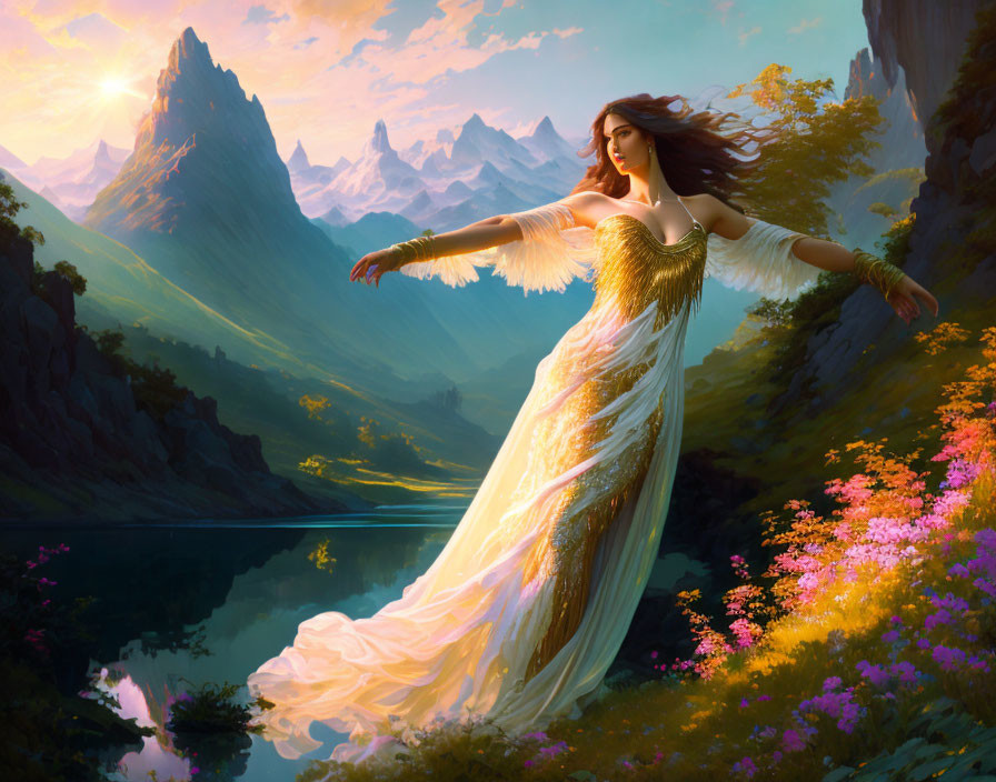 Majestic woman with angelic wings in vibrant mountain landscape