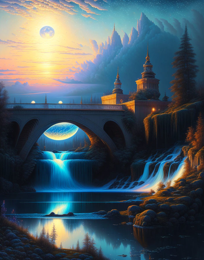 Ornate bridge over twilight waterfalls under full moon