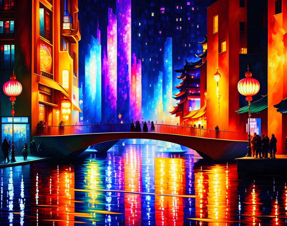 Vibrant neon-lit cityscape with bridge, people, lanterns, and reflections