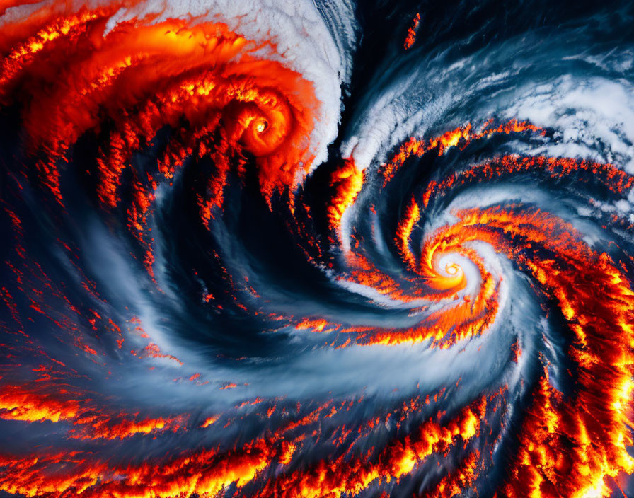 Vivid dual swirling cyclones: fiery red and orange against dark blue clouds