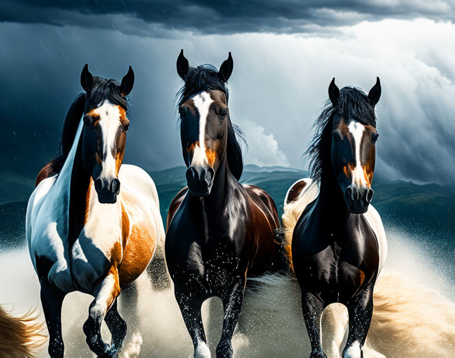 Majestic horses gallop in stormy waters