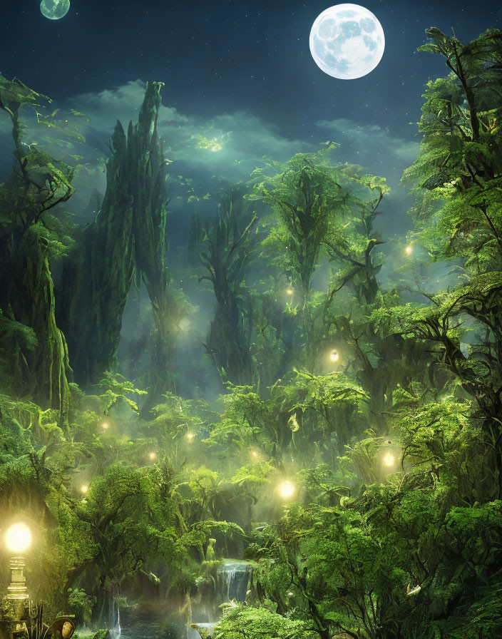 Nighttime Forest with Glowing Lights, Waterfalls, and Celestial Sky