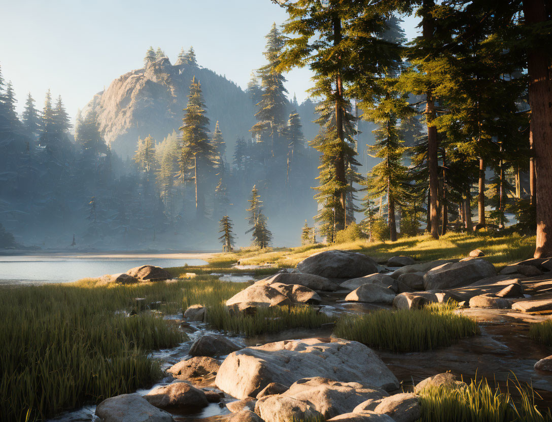 Tranquil forest landscape with stream, lake, trees, and hills