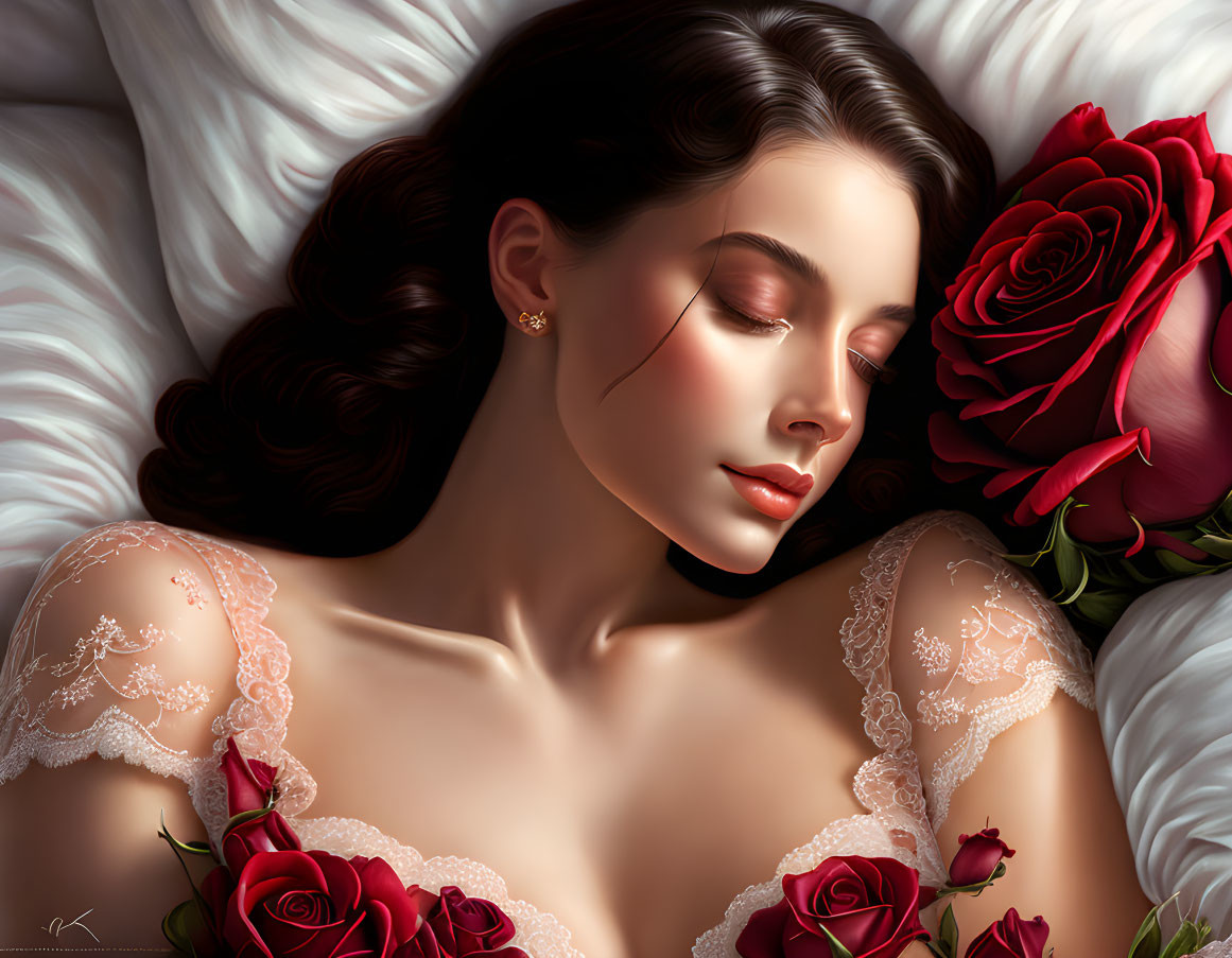 Dark-haired woman reclining on white sheets with red roses, adorned in lace-trimmed attire