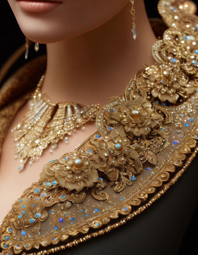 Detailed view of woman in ornate gold jewelry with floral designs and blue gemstone accents