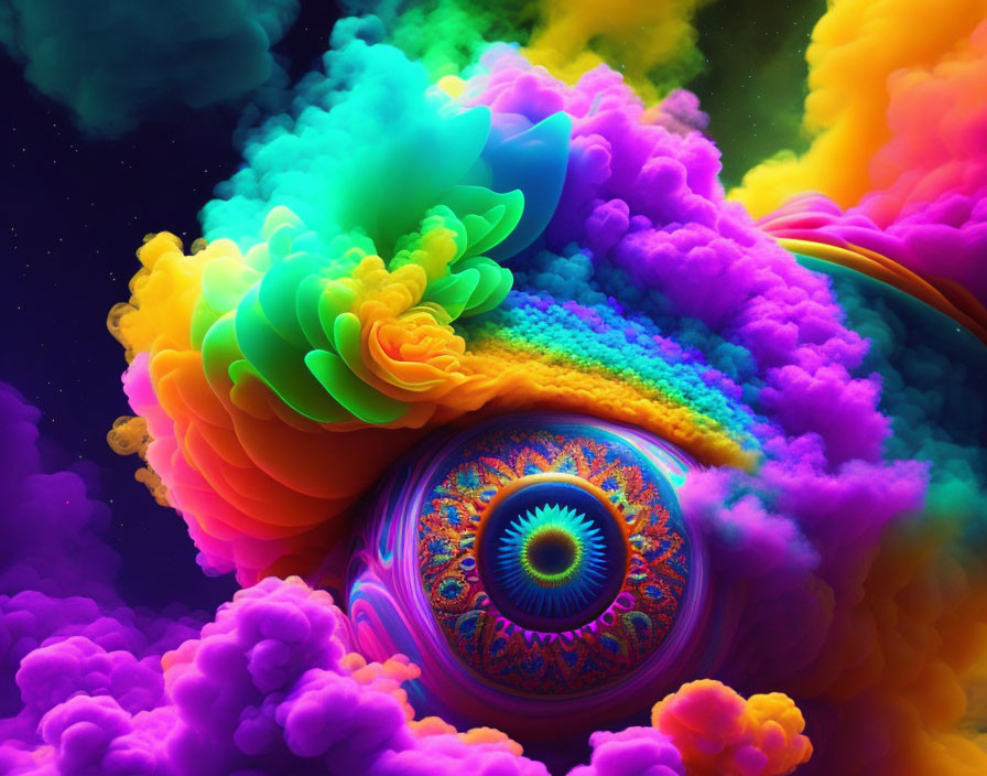 Colorful Psychedelic Clouds Surrounding Central Eye with Intricate Patterns