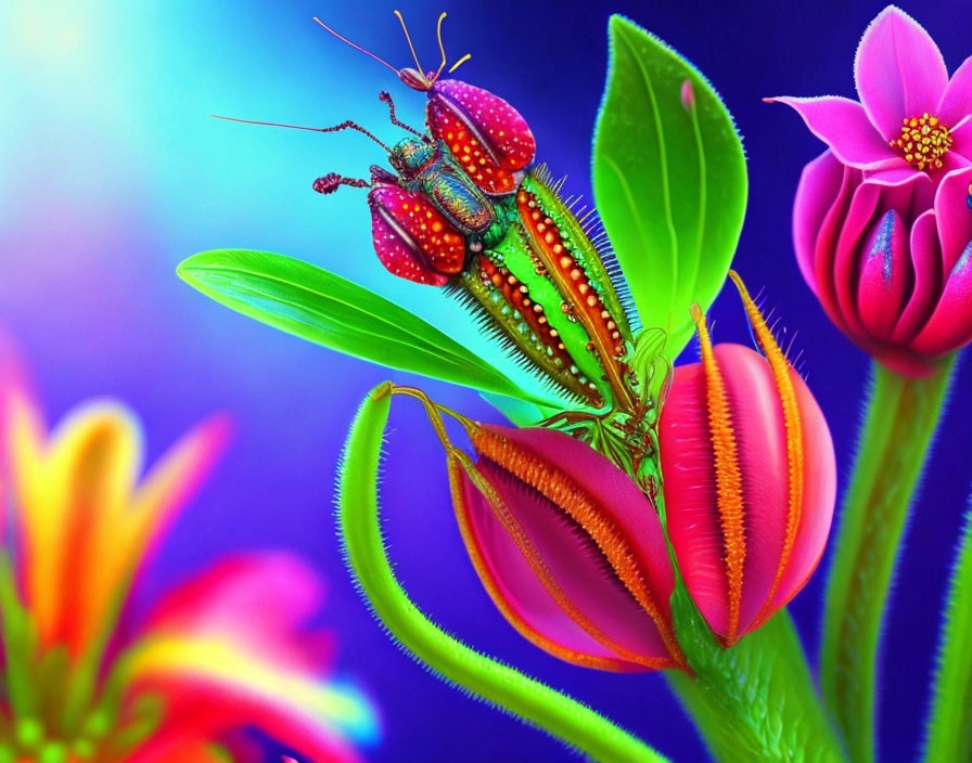 Colorful digital artwork: Jewel-like insect on green leaf