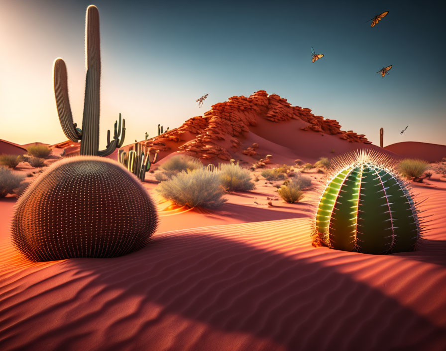 Desert landscape at sunset with sand dunes, cacti, and mechanical insects