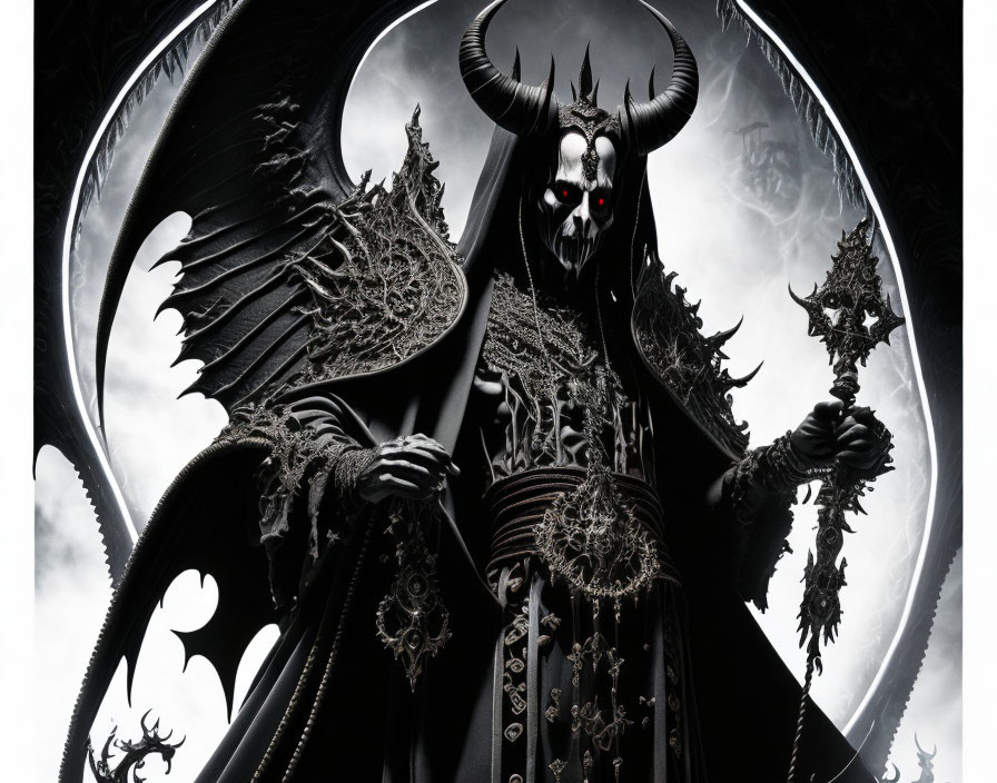 Dark armored figure with horns and wings in front of circular patterned backdrop