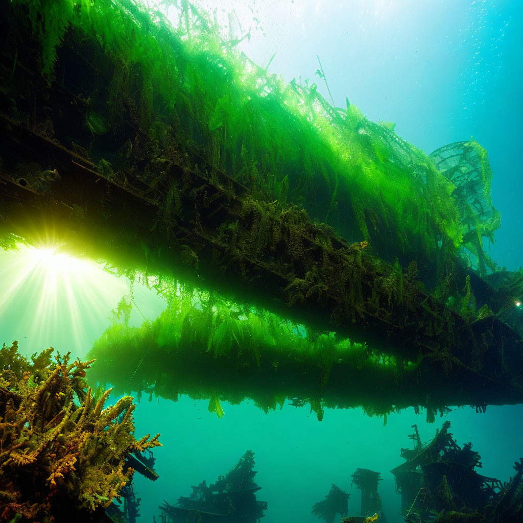 Underwater shipwreck scene with algae-covered coral and marine life