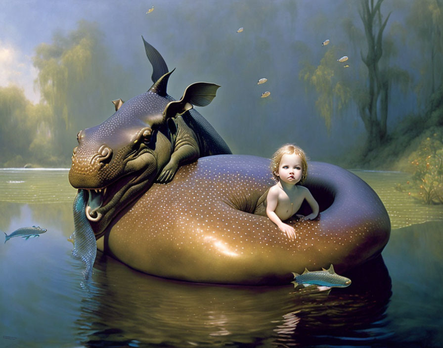 Toddler in doughnut-shaped inflatable with dragon and fish in serene waters