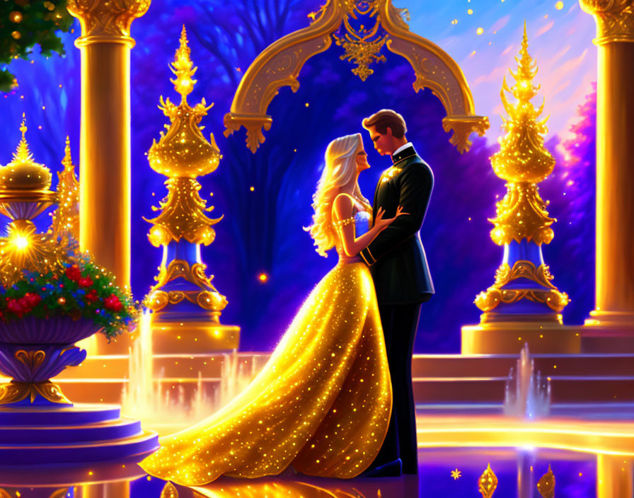 Animated characters in formal attire share romantic gaze in luminous, ornate setting.