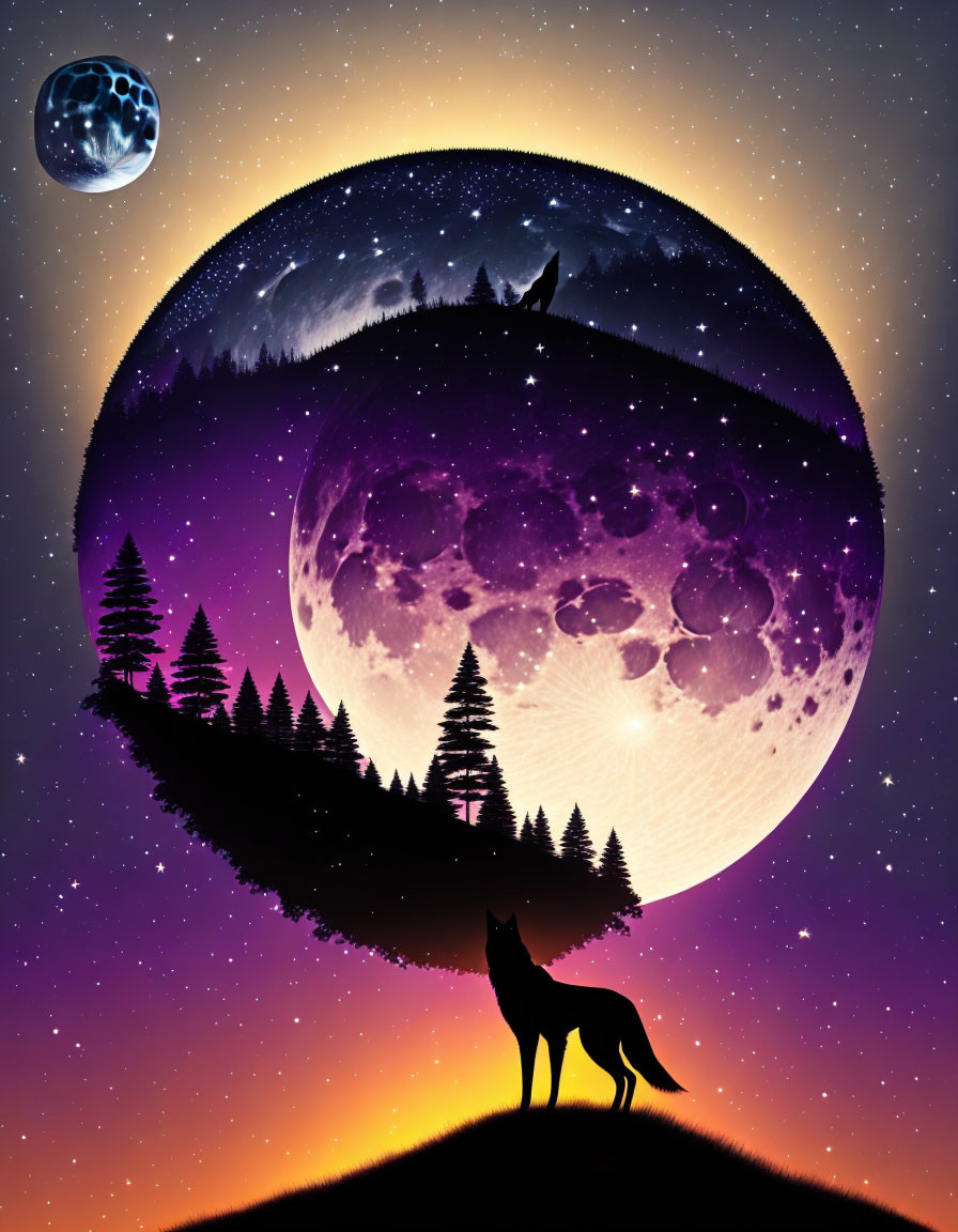 Wolf silhouette against vibrant sunset with surreal moons & starry night sky