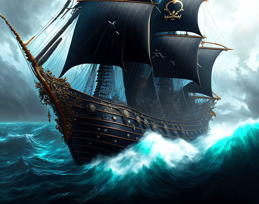 Pirate ship with black sails and skull emblem on stormy ocean waves