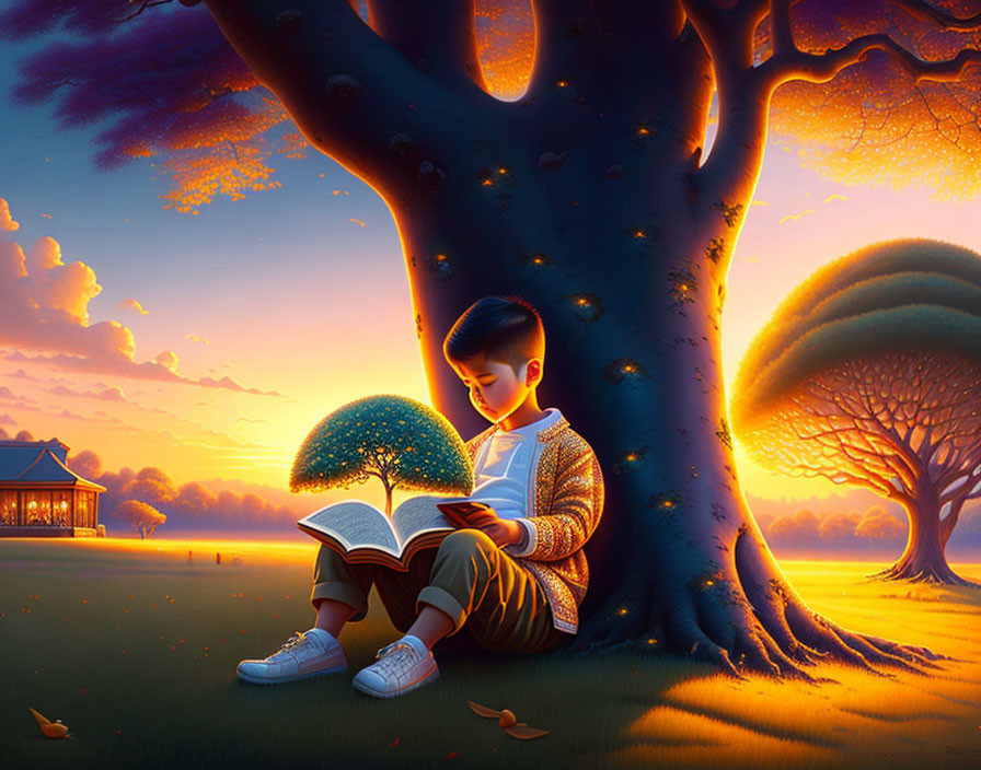 Child reading book under large tree at sunset with warm magical light