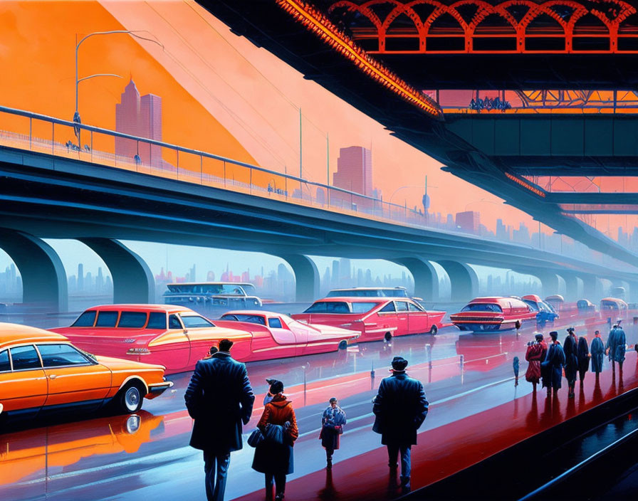 Retro-futuristic cityscape with pedestrians and vintage cars under a massive bridge