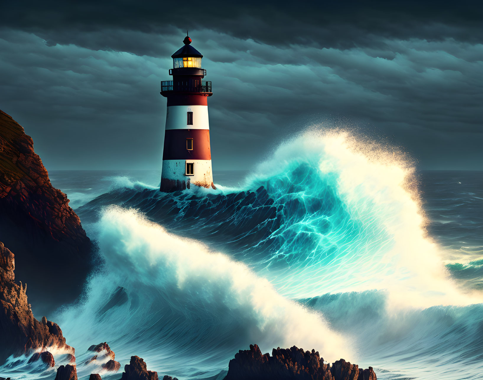 Stormy Night: Lighthouse Beacon in Dark Sea