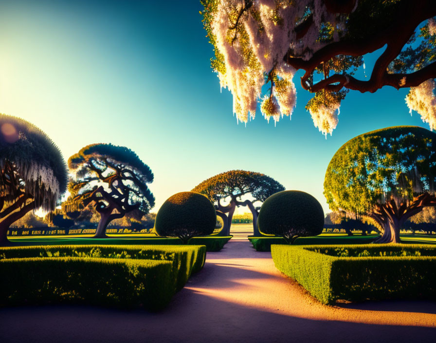 Surreal garden with manicured bushes under inverted landscape