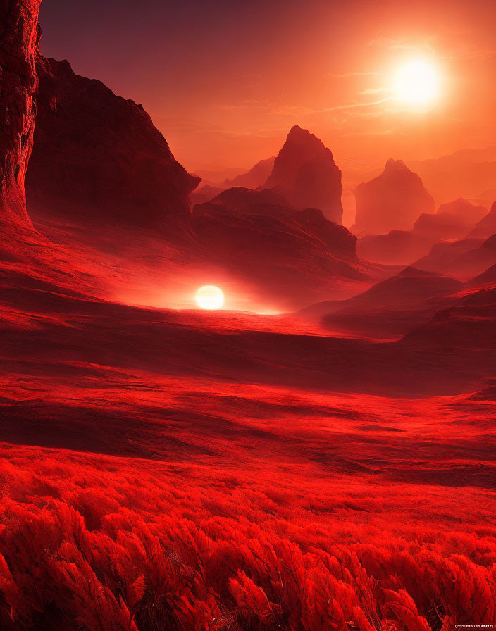 Vibrant red landscape with sun setting between mountains