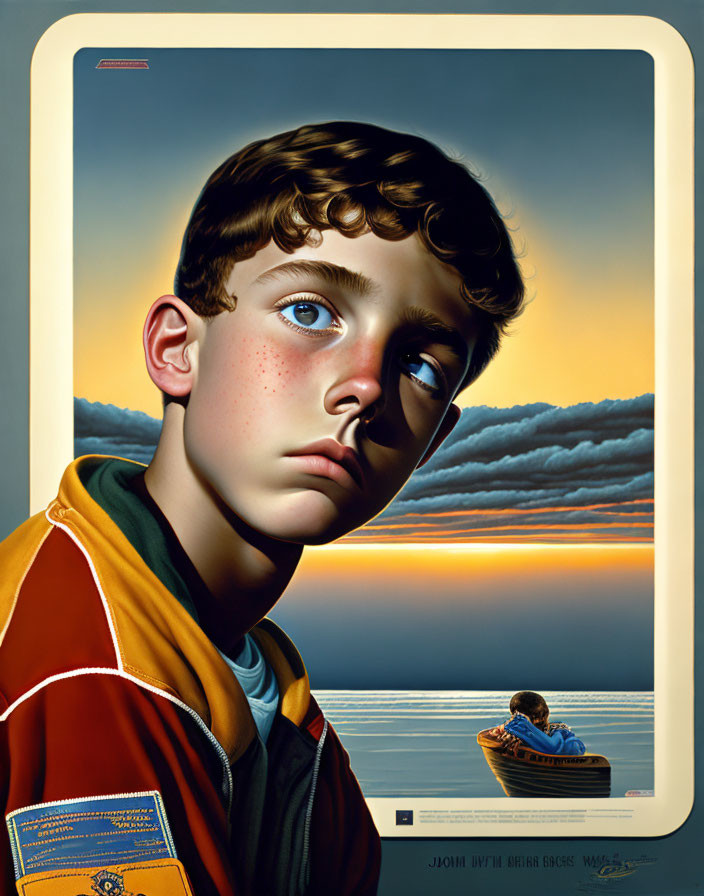 Pensive boy painting with sunset sea scene