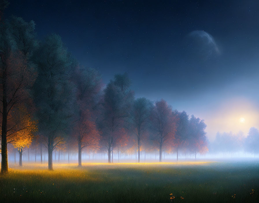 Tranquil nightscape with crescent moon, glowing orb, foggy meadow, and sil