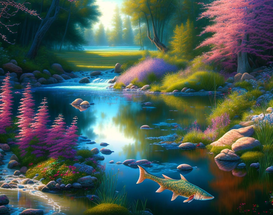 Serene forest scene with blue stream and colorful flora