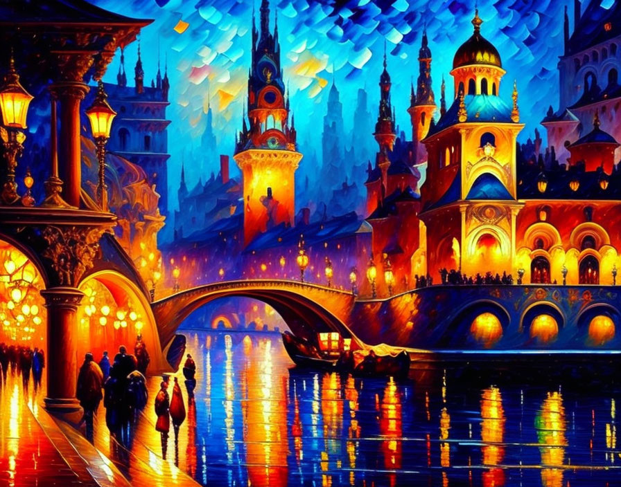 Colorful painting of fantastical night cityscape with illuminated buildings, bridge, and waterfront.